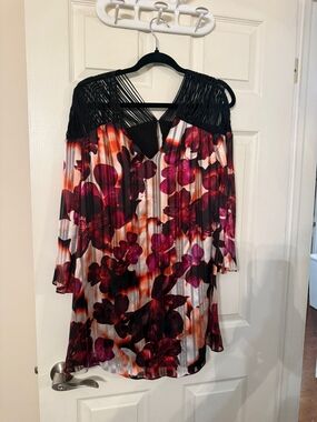 Guess Floral Pleated Tunic with Black Fringe Yoke